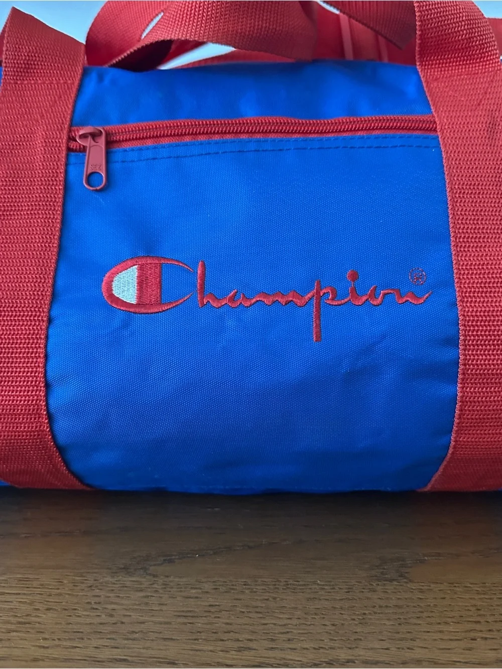 Vintage CHAMPION Duffle Bag Blue Red Spellout Gym Overnight Travel
